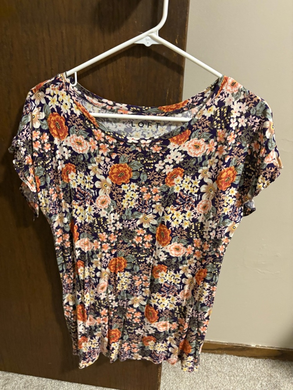 LOFT Navy Purple Floral Short Sleeve Tee